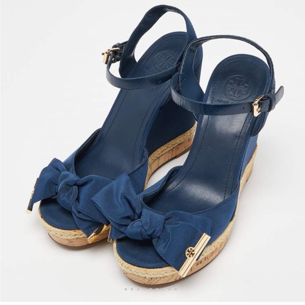 Tory Burch Blue Canvas and Leather Espadrille Wedge Ankle Strap Sandals